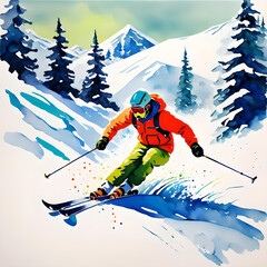 A pure colors skier going down the slope among the snow-capped mountains