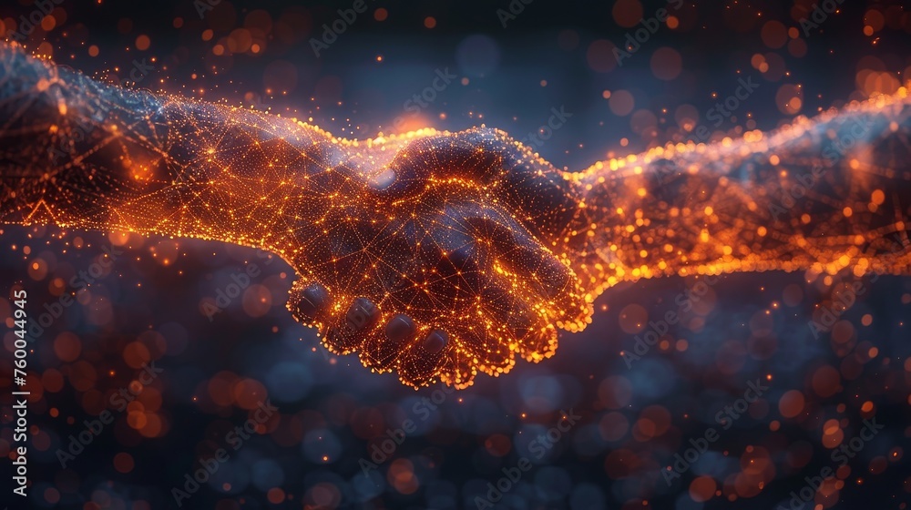 Poster In the form of flaming steel, two hands shake in the abstract image of a handshake. Illustration isolated on a dark background with low poly wireframe.