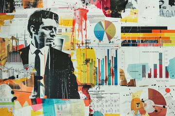 Fototapeta premium A creative montage with a businessman silhouette amidst vibrant splashes and financial charts, reflecting dynamic market analysis and strategic planning in a corporate environment.