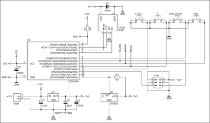 Schematic diagram of electronic device.
Vector drawing electrical circuit with 
thermal sensor, microcontroller, integrated circuit, button,  resistor, capacitor
on white background of paper sheet.