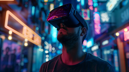 Selective focus of Young Caucasian man uses VR in virtual reality game in technology city.