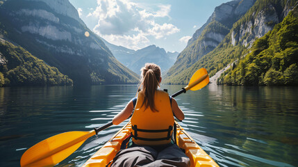 woman on the canoe boat, view from back  - obrazy, fototapety, plakaty
