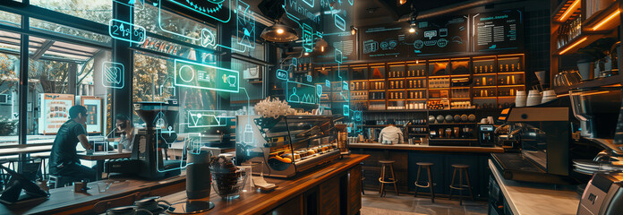 Selective focus of AR glasses view of coffee shop with programmable command buttons and text floating in the air.