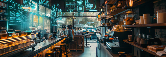 Selective focus of AR glasses view of coffee shop with programmable command buttons and text floating in the air.