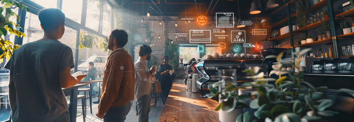 Selective focus of AR glasses view of coffee shop with programmable command buttons and text floating in the air.
