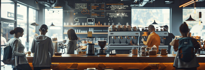 Selective focus of AR glasses view of coffee shop with programmable command buttons and text floating in the air.