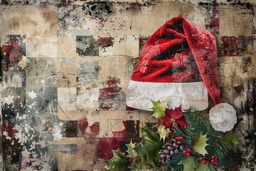 A Santa hat rests on an artistic, textured vintage backdrop, infusing traditional Christmas symbols with a modern, grungy twist.