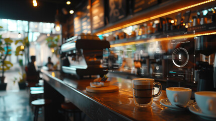 Selective focus of AR glasses view of coffee shop with programmable command buttons and text floating in the air.