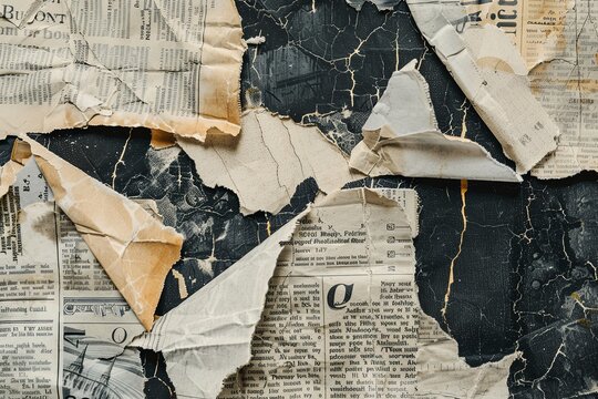 An artistic collage blending pieces of aged newspapers with a background of cracked blue paint, symbolizing the passage of time.