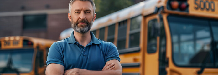 Caucasian male school bus driver is crossing his arms in confidence. - obrazy, fototapety, plakaty
