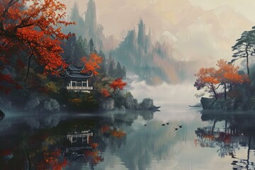 Fototapeta premium Sunset asian landscape. Forest tree beauty. Generate Ai