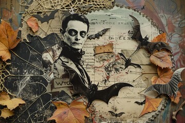 A classic gothic figure anchors a Halloween collage featuring bats and autumn leaves, creating a vintage horror aesthetic.