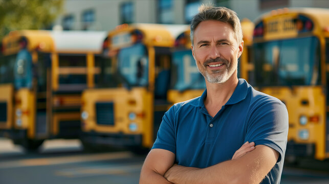 Caucasian male school bus driver is crossing his arms in confidence.