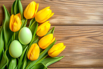 Obraz premium Festive Easter composition of eggs and tulips on a light wooden surface
