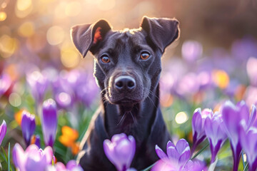 black dog with sits peacefully amidst a vibrant field of purple crocuses. warm, golden light of sunset creates a serene atmosphere, highlighting the contrast between the dog and the colorful flowers.