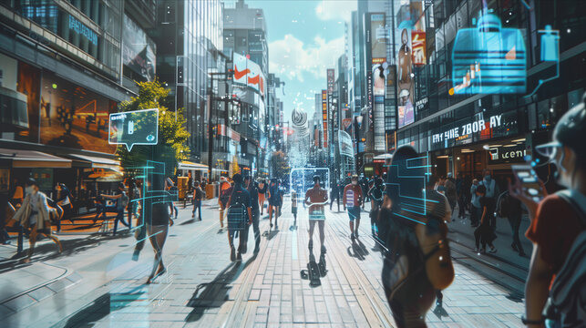 Selective focus of ar glasses view, city street with program command buttons and text floating in the air.