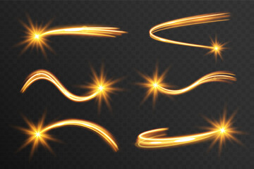 Light wave of shiny gold lines.Gold color glowing design element.Wavy bright stripes.	
