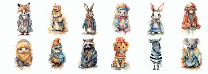 Adorable Watercolor Illustrations of Baby Animals Dressed in Cute Outfits, Perfect for Children’s Books and Nursery