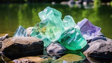 Heap of fluorite stones natural gemstone minerals inside a lake.


