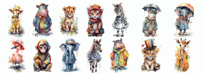 Adorable Watercolor Illustrations of Baby Animals Dressed in Stylish, Colorful Outfits, Perfect for Children’s Books