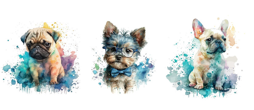 Expressive Watercolor Illustrations of Puppies: Pug, Yorkshire Terrier, and French Bulldog - Artistic and Vibrant Artwork for Pet Lovers and Children’s