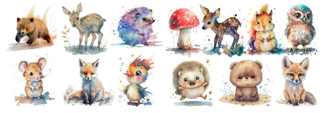 Vibrant Watercolor Collection of Playful Animals: Squirrels, Teddy Bear, Bunnies, Penguin, Raccoon, Mouse, Cat, and Dog - Ideal for Children’s Books