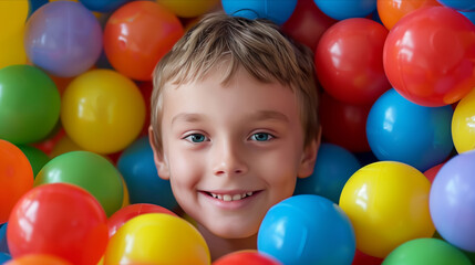 Fototapeta na wymiar Caucasian boy in a pile of colorful plastic balls.