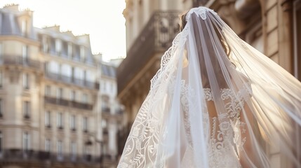 Urban Twilight Wedding Portrait: Bride's Silhouette with Veil, European Cityscape Backdrop, Copy Space 