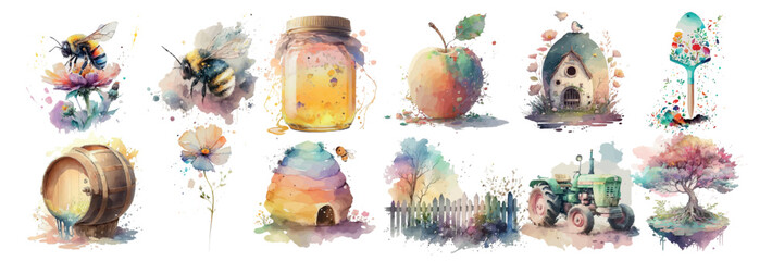 Watercolor Collection of Nature and Countryside Elements, Including Bees, Flowers, Honey, Apple, House, Tree - obrazy, fototapety, plakaty