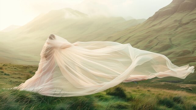 Windswept Elegance: Woman in Pink Dress and Large Veil Amidst Scottish Hills, Windy Photography 