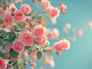 pink roses in the garden with blue background