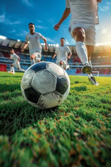 Obraz na płótnie Canvas close up of soccer ball on soccer field.