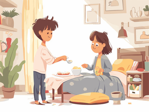  A child diligently prepares breakfast in bed for their mother wanting to start her day with a special gesture. 