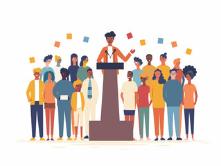  A community leader stands on a podium addressing a crowd and encouraging them to register to vote in the upcoming election. 