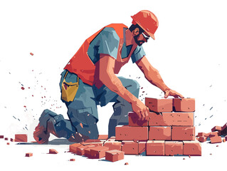  A construction worker meticulously lays bricks sweat dripping from their brow as they contribute to a building's foundation. 