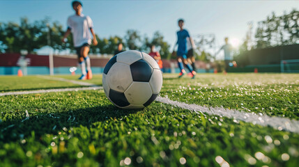 Fototapeta premium close up of soccer ball on soccer field.