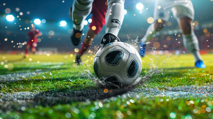 close up of soccer ball on soccer field. - obrazy, fototapety, plakaty