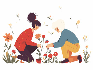  A daughter helps her elderly mother plant flowers in the garden reminiscing about past Mother's Days spent together. 