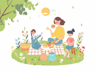  A family enjoys a picnic in a park celebrating the sunshine and spending quality time with their mother. 