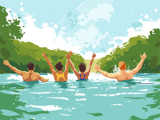  A group of friends take a refreshing dip in a crystal-clear lake escaping the summer heat. 