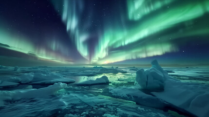 Aurora in the night sky in the land of ice.