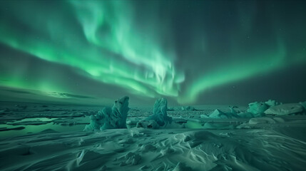 Aurora in the night sky in the land of ice.