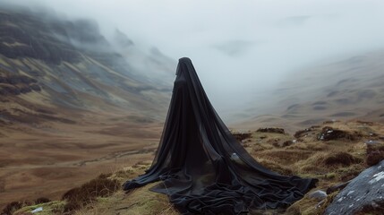 Woman in Black Dress with Veil Overlooking Misty Scottish Highlands, Wet and Damp Weather - obrazy, fototapety, plakaty