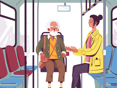  A person on a crowded bus offers their seat to an elderly individual demonstrating awareness of the needs of others. 