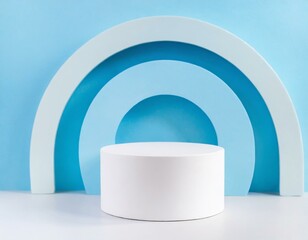 White round cylinder platform pedestal podium with decorated light blue color background