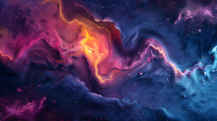 The artwork resembles a cosmic scene with swirling electric blue and magenta clouds against a violet sky, creating a mesmerizing galaxy in space - obrazy, fototapety, plakaty