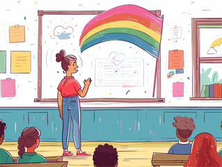  A teacher displays a rainbow flag in their classroom creating a safe and inclusive space for all students. 