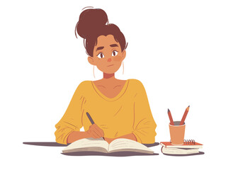  A writer sits at a desk with an open notebook pen poised at the ready. 