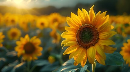 A Sunflower's Close-Up Amidst a Sunflower Field.