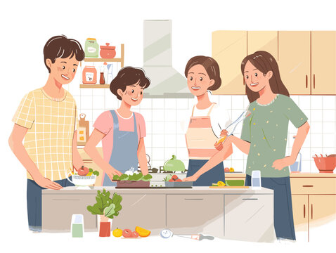  Young adults gather in a kitchen helping their mother prepare a special meal for the family celebration. 